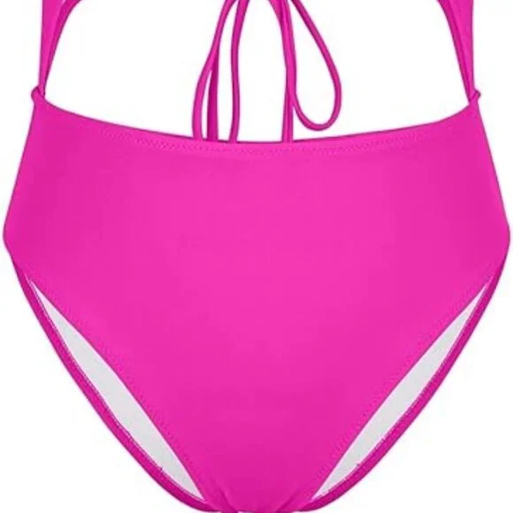 Meyeeka Women's Pink Scoop Neck Lace Up Back High Cut One Piece Swimsuit Small - Picture 10 of 12